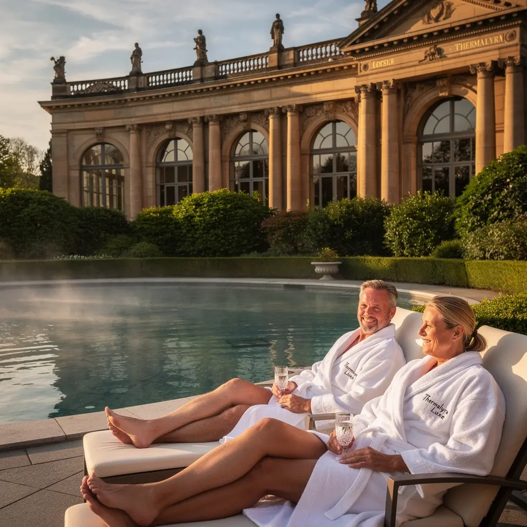 Besucher entspannen in einem stilvollen Wellnessbereich mit Blick auf die Natur.
